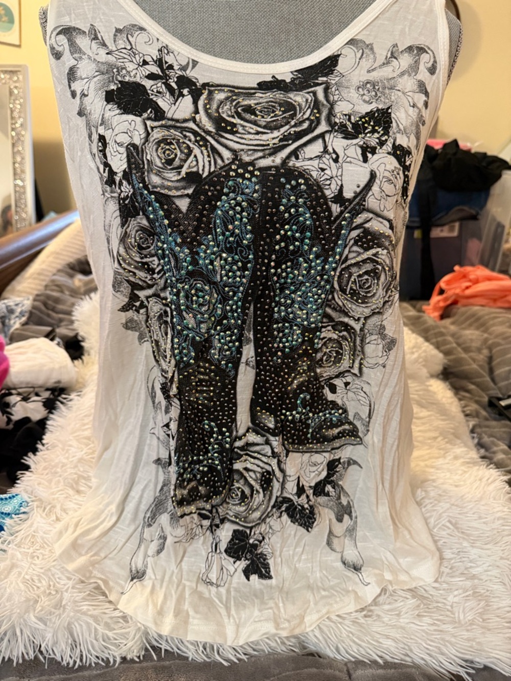 Women's White Graphic Tank with Embellished Black Boot Motif